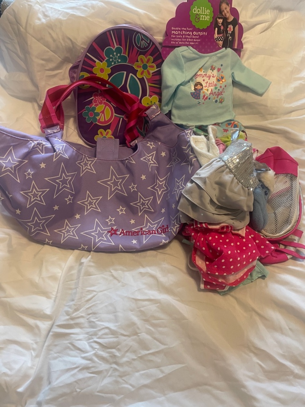 American Girl Lavender Star Print Tote with Pink Handles and Doll Outfits